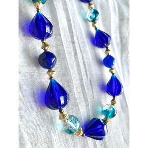 Vintage Cobalt Blue Beaded Necklace Chunky Teardrop Lucite Beads
